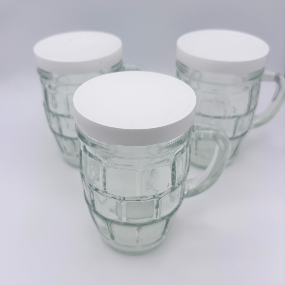 Vintage Root Beer Barrel Glass Mugs Set of 3 With Lids